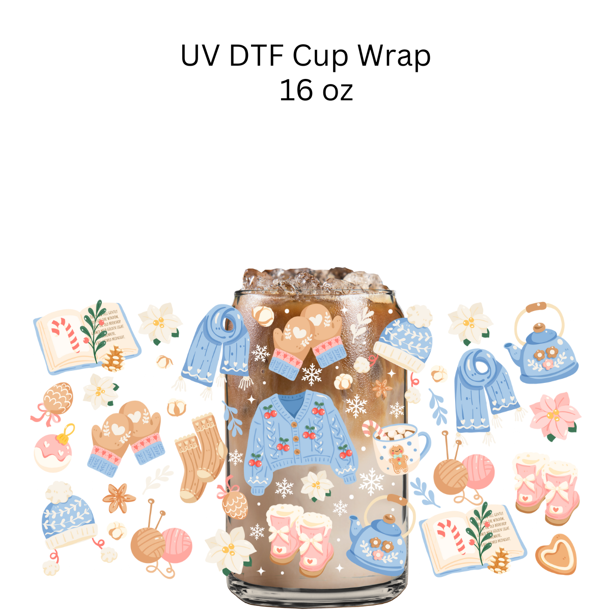 Blue Cherries Winter Sweater UV DTF Cup Wrap