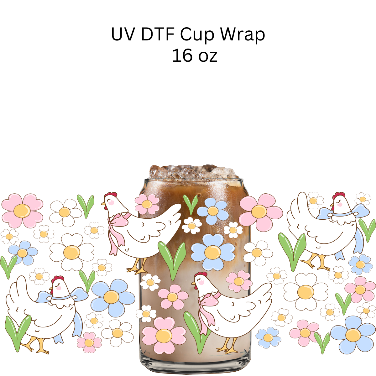 White Floral Hens UV DTF Cup Wrap