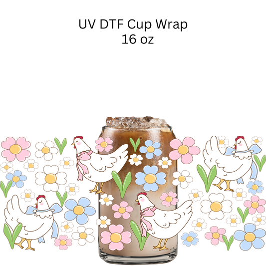 White Floral Hens UV DTF Cup Wrap