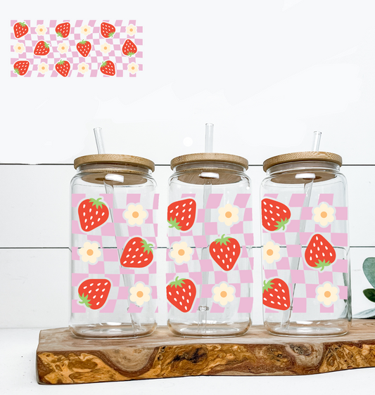 Pink Checkers & Strawberries UV DTF DOUBLE SIDED