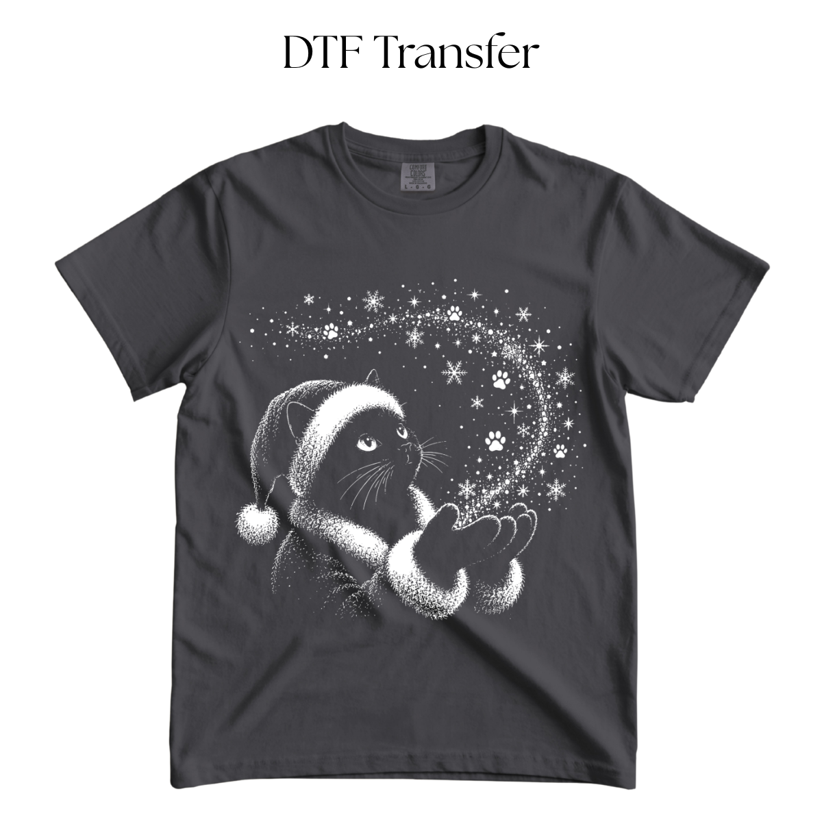 Cat Magical Snowflakes Single Color DTF Transfer (Press on Black)