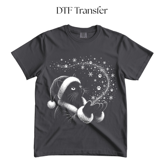 Cat Magical Snowflakes Single Color DTF Transfer (Press on Black)