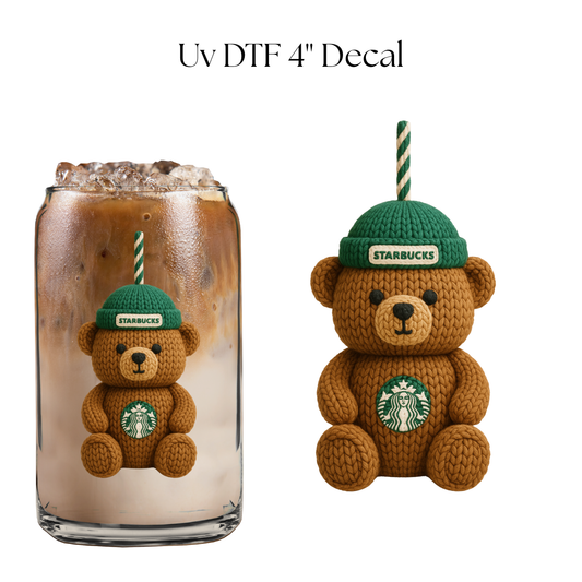 Coffee Bear Faux Yarn 4” UV DTF Decal