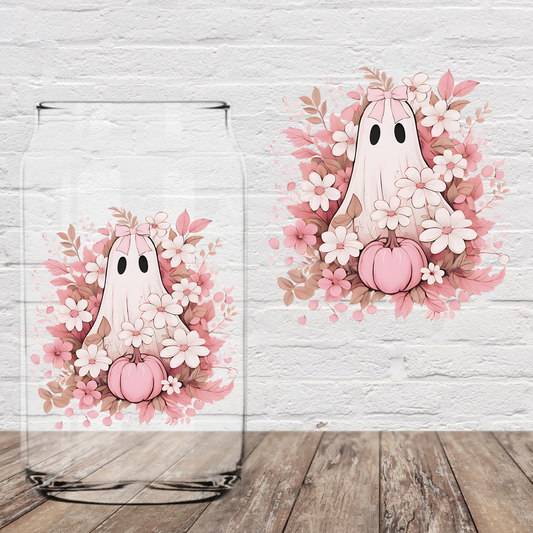 Ghost and Pink Flowers 4" UV DTF (Print to Order)