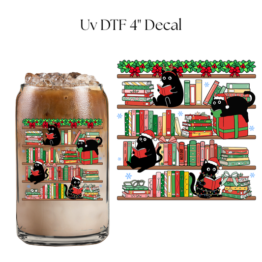 Cat Christmas Bookshelves 4” UV DTF Decal