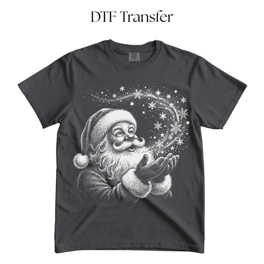 Santa Magic Snowflakes Single Color DTF Transfer (Press on Black)