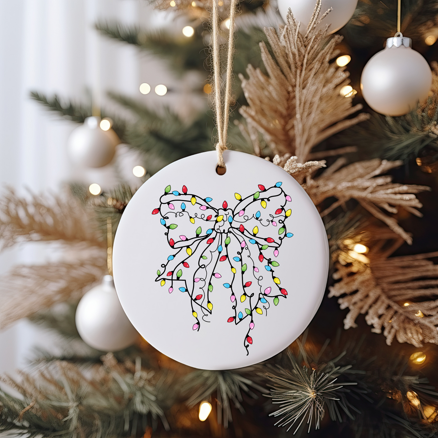 Christmas Lights Bow Ornament Size UV DTF DOUBLE SIDED