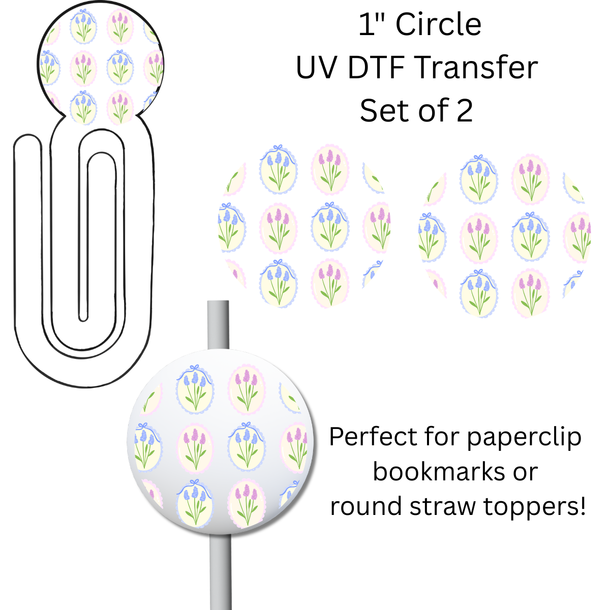 Blue and Pink Flower Frames 1” UV DTF Transfer For Paperclip Bookmark or Straw Topper SET OF 2