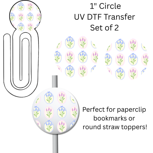 Blue and Pink Flower Frames 1” UV DTF Transfer For Paperclip Bookmark or Straw Topper SET OF 2