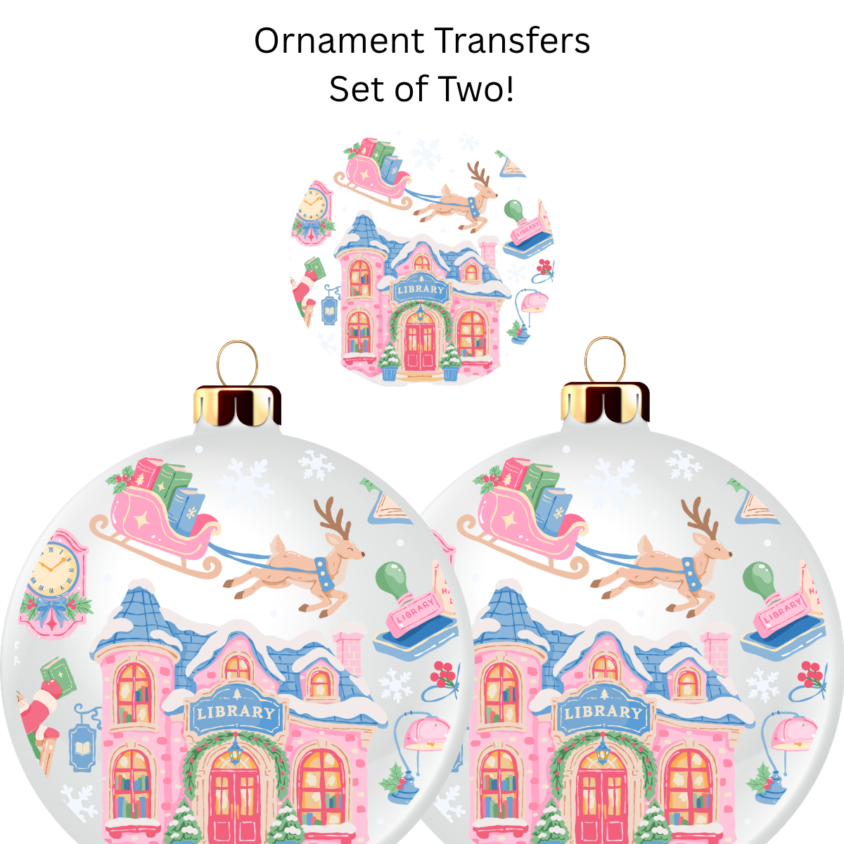Christmas Library Ornament Transfer UV DTF (Set of 2)