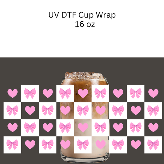 White Checkers Pink Bows UV DTF Cup Wrap