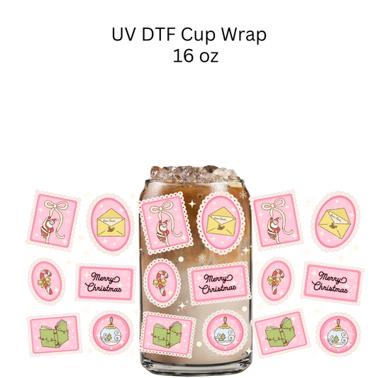 Merry Christmas Pink Stamps UV DTF Cup Wrap