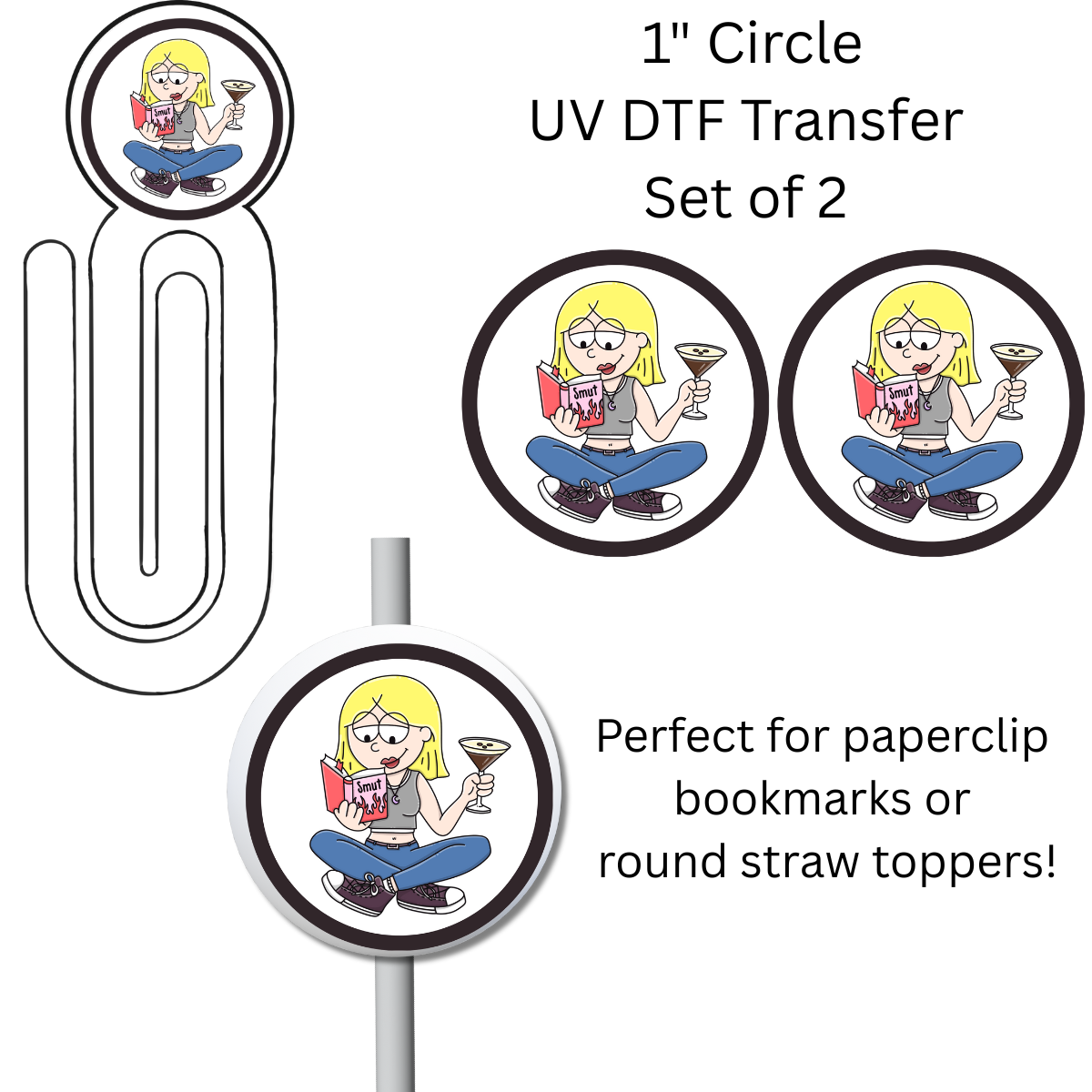 Girl Martini 1” UV DTF Transfer For Paperclip Bookmark or Straw Topper SET OF 2