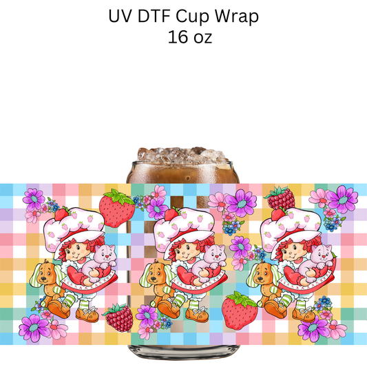 Strawberry Girl Rainbow Checkers UV DTF Cup Wrap