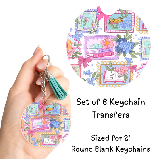Colorful Floral Books Stamps Keychain Transfer Set of 6