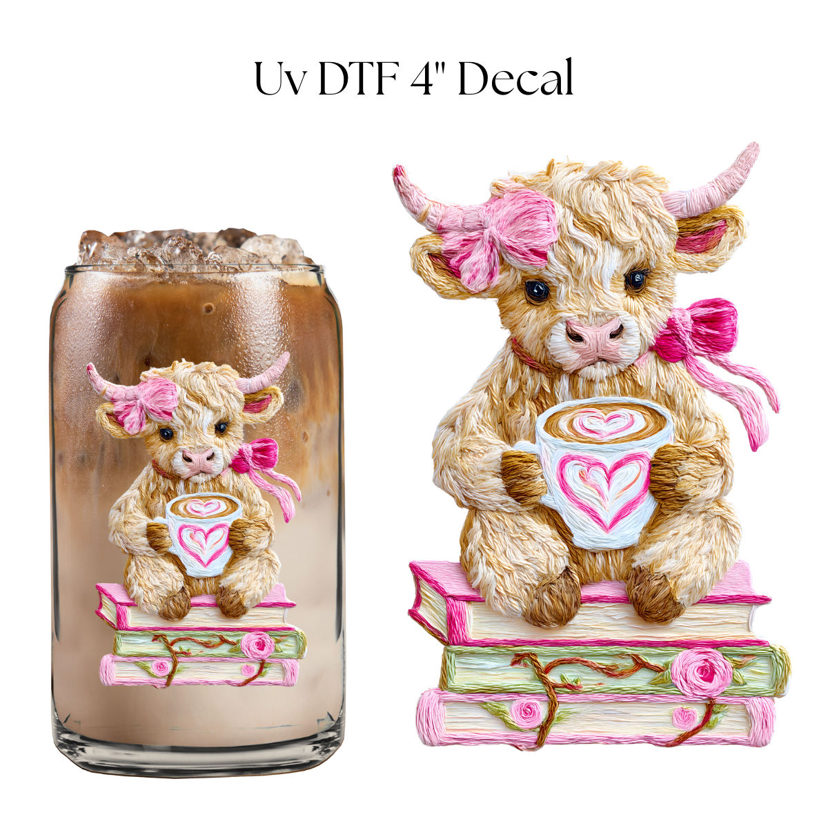 Pink Books Cow 4” UV DTF Decal