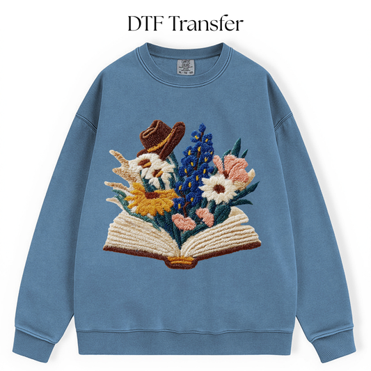 Books and Blooming Flowers Faux Yarn DTF Transfer