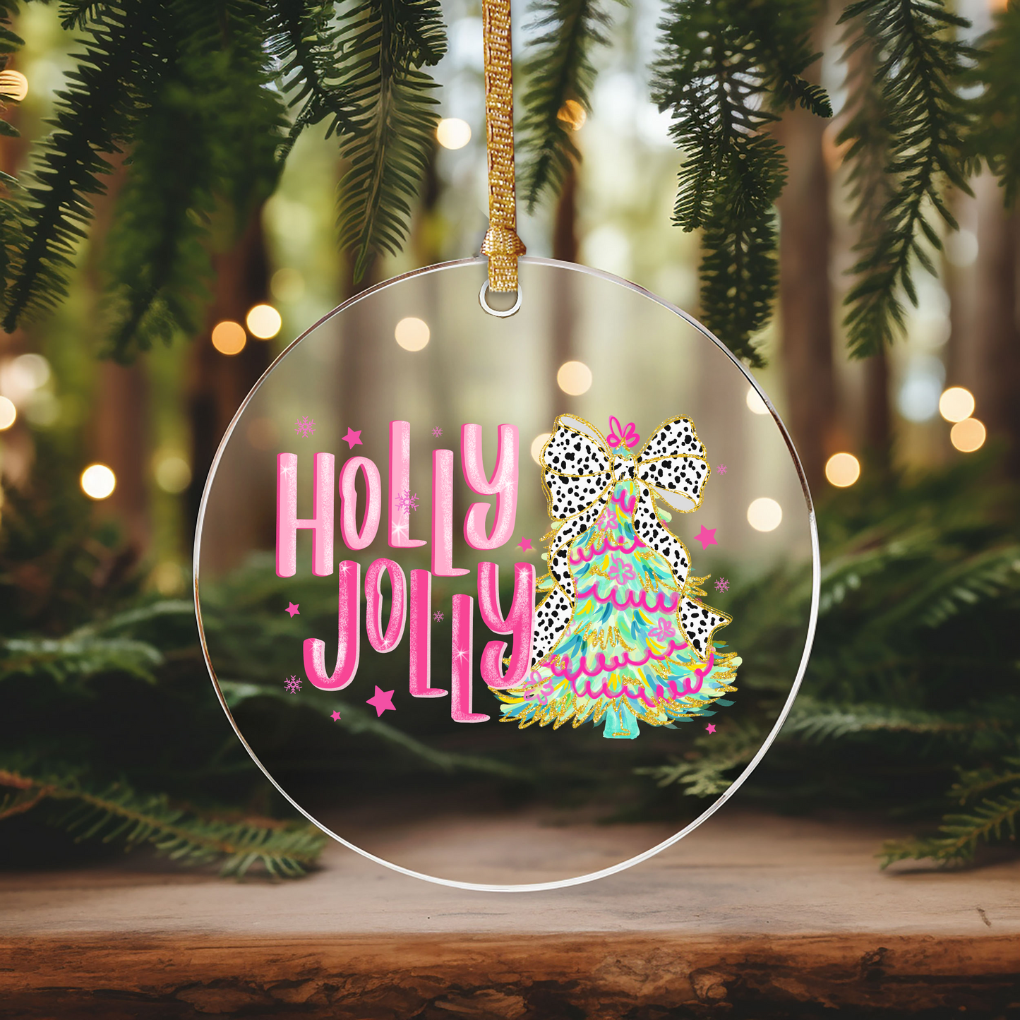 Holly Jolly Pink Ornament Size UV DTF DOUBLE SIDED