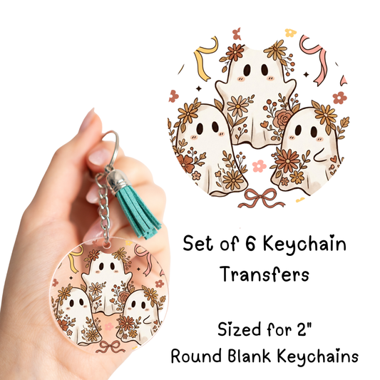 Mauve Floral Ghost Round Keychain Transfer Set of 6
