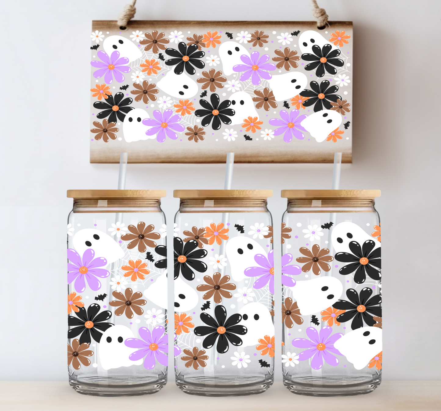 Black and Purple Flower Ghosts UV DTF Cup Wrap