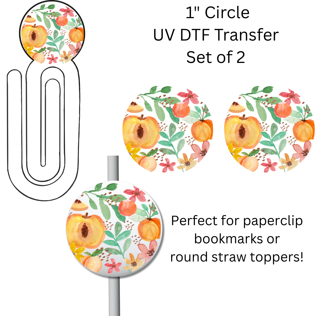Watercolor Peaches 1” UV DTF Transfer For Paperclip Bookmark or Straw Topper SET OF 2