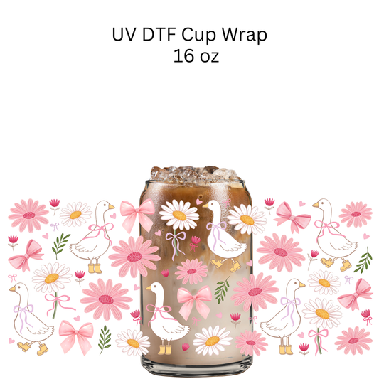Pink Floral Ducks UV DTF Cup Wrap