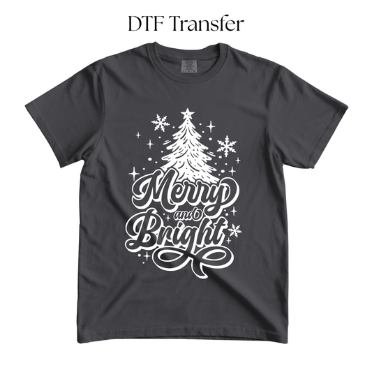 Merry and Bright Tree White Single Color DTF Transfer