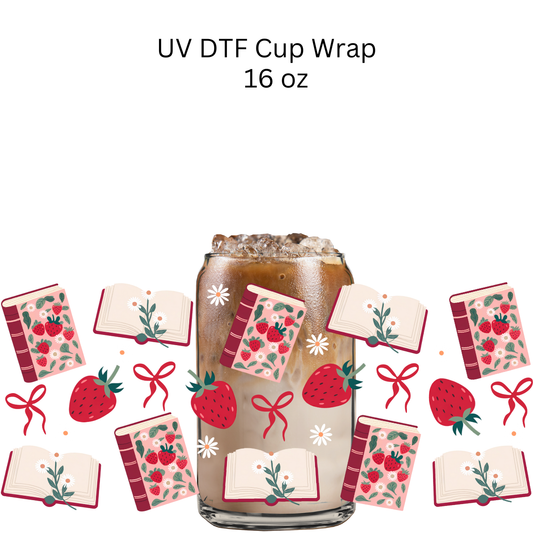 Books & Strawberries UV DTF Cup Wrap
