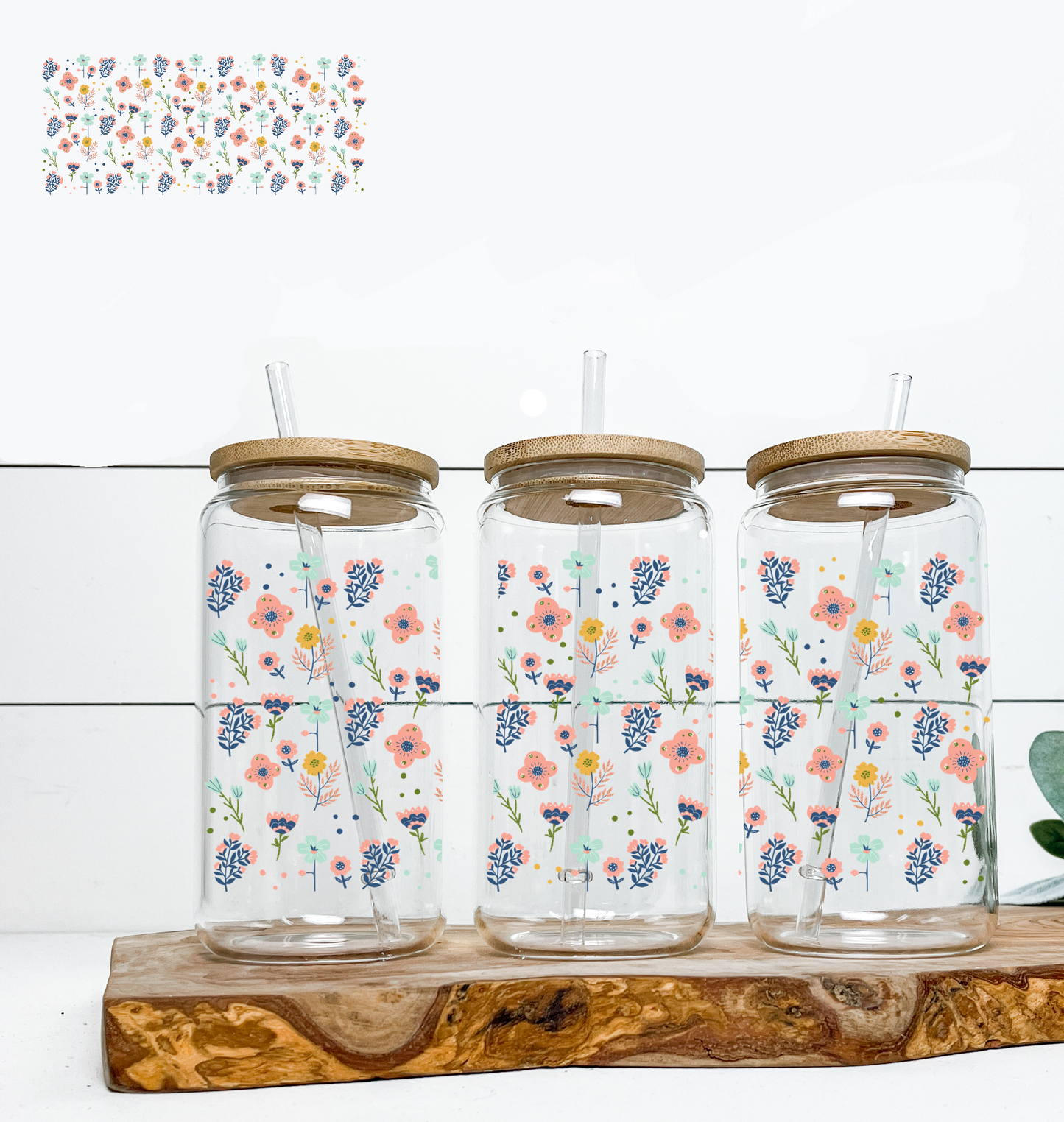 Coral & Blue Flowers UV DTF DOUBLE SIDED
