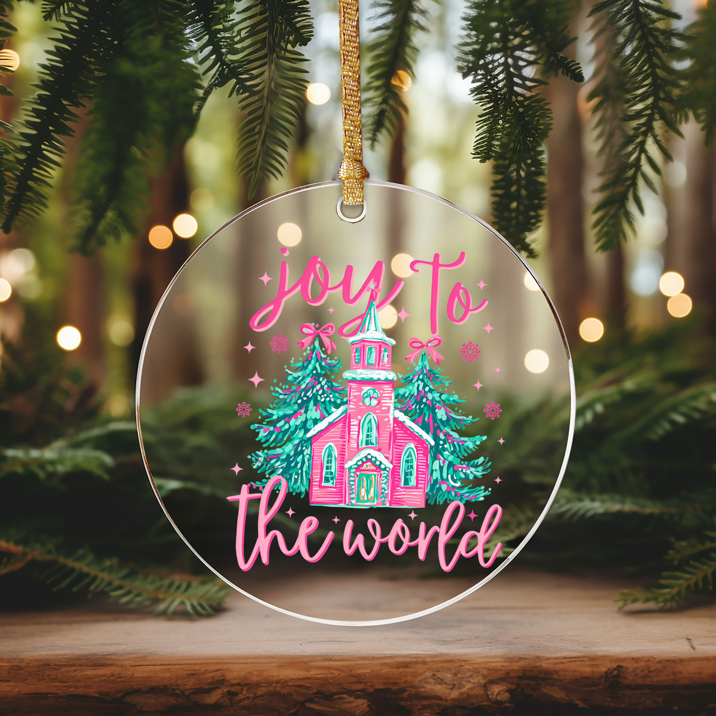 Joy To The World PINK Ornament Size UV DTF DOUBLE SIDED