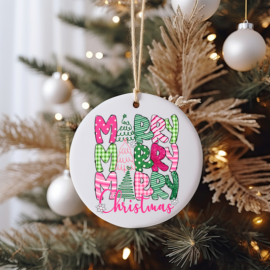 Merry Christmas Pink & Green Ornament Size UV DTF DOUBLE SIDED