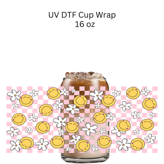 Happy Pink Checkers UV DTF Cup Wrap