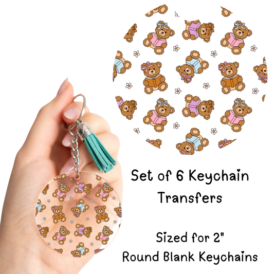 Bears Reading Books Round Keychain UV DTF Transfer