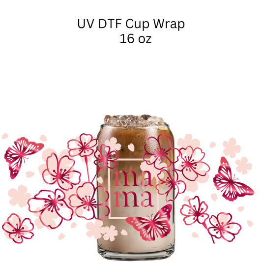 Pink MAMA Flowers and Butterflies UV DTF Cup Wrap
