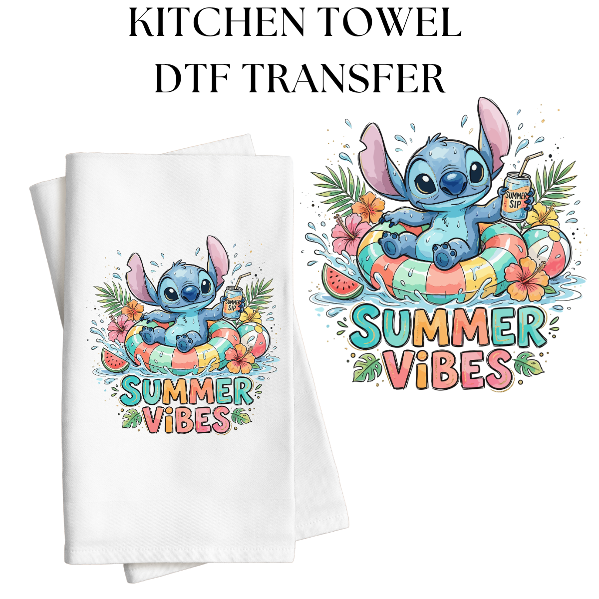 Summer Vibes Blue Alien Kitchen Towel DTF Transfer