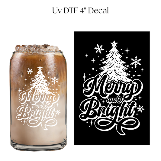 Merry and Bright Tree White  4” UV DTF Decal