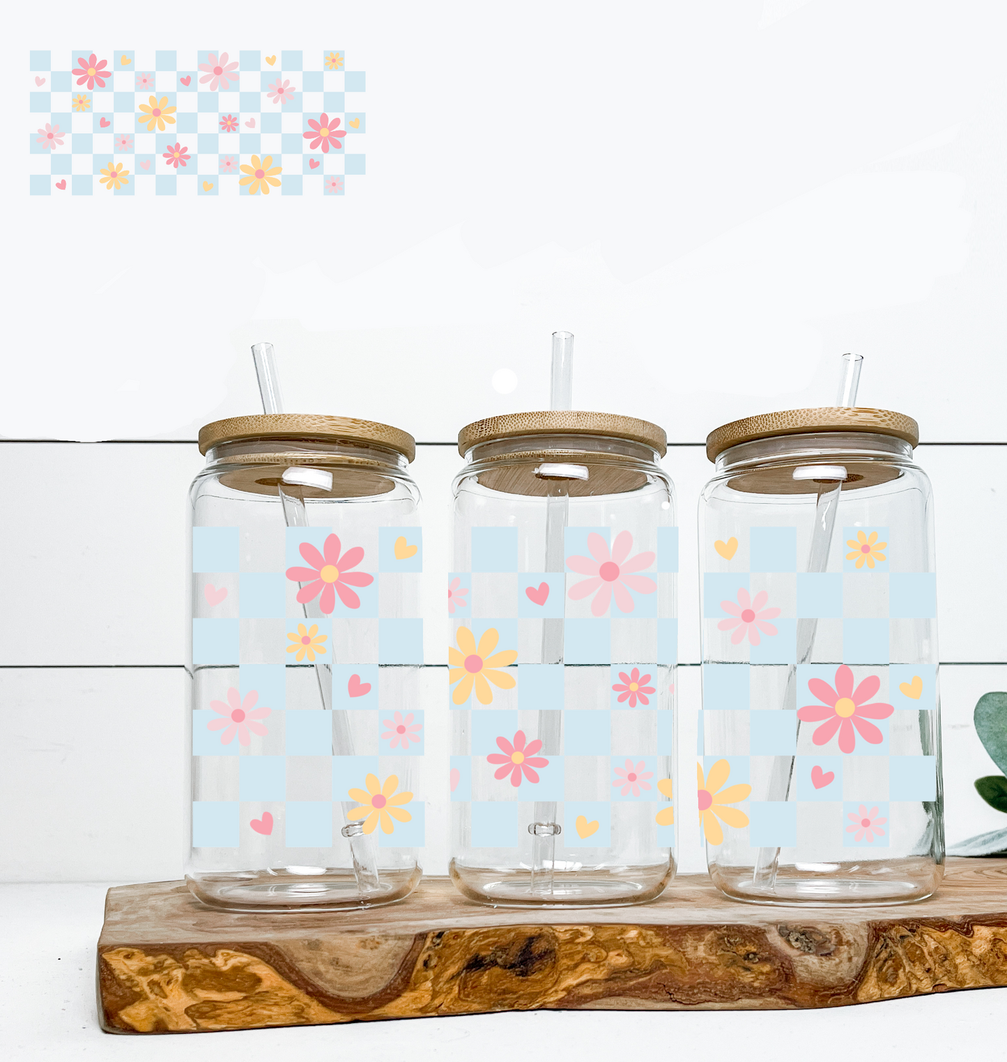 Checkered Blue Floral UV DTF DOUBLE SIDED
