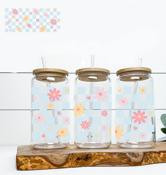 Checkered Blue Floral UV DTF DOUBLE SIDED