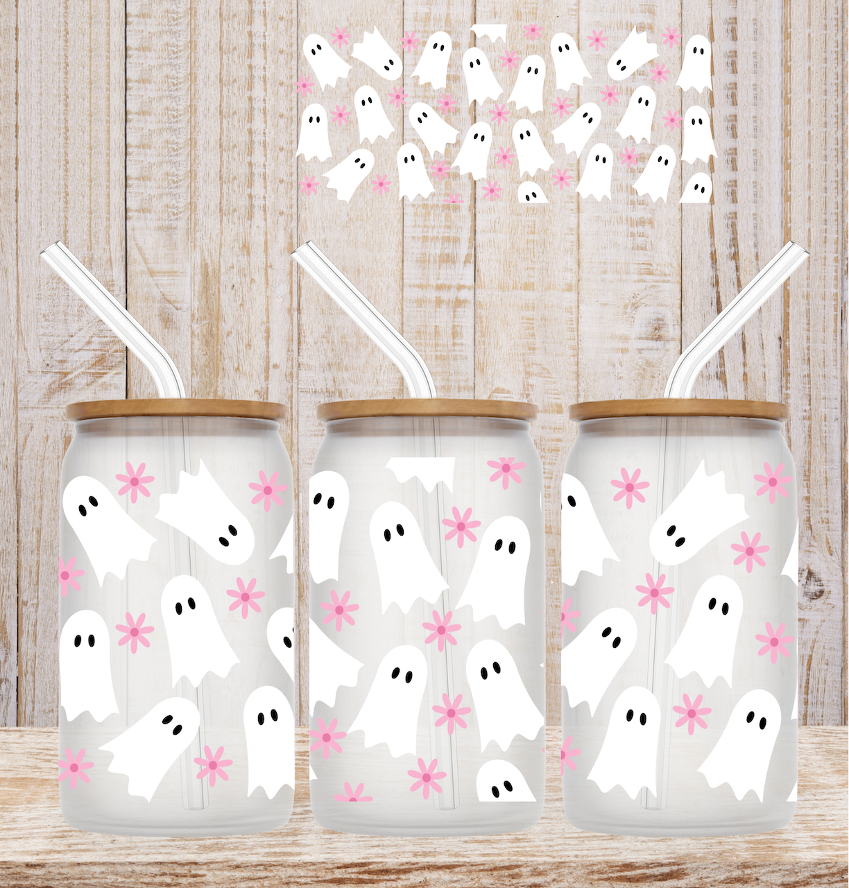 Ghosts and Pink Flowers 16oz UV DTF