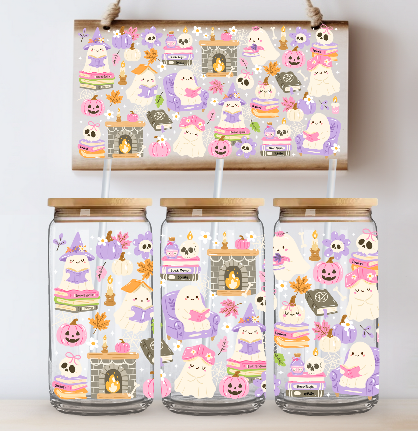 Halloween Ghost and Books UV DTF Cup Wrap
