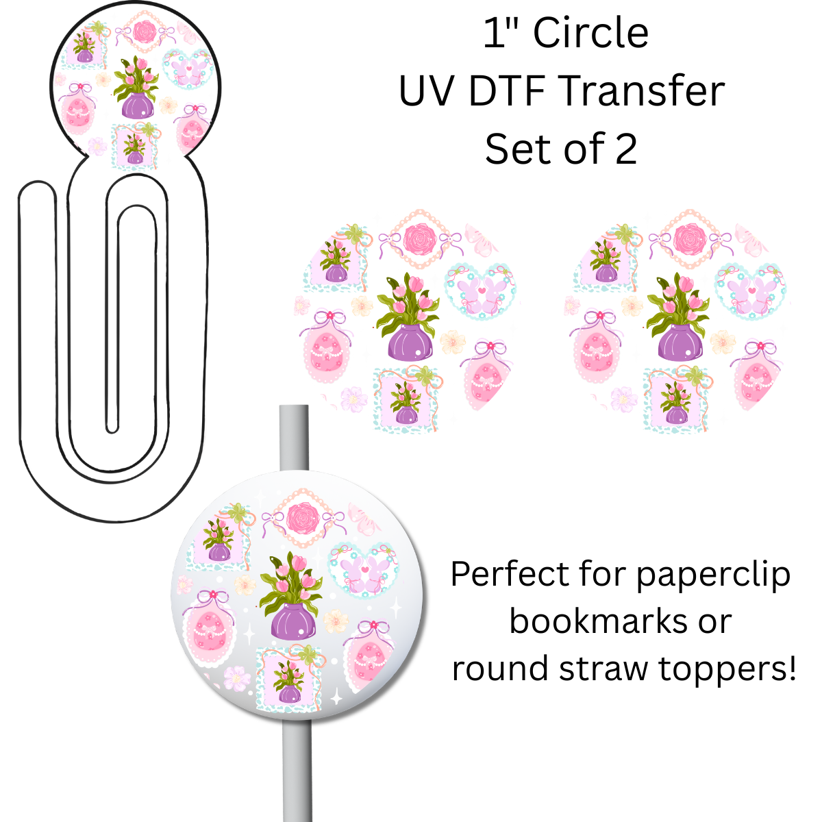 Pink and Purple Floral 1” UV DTF Transfer For Paperclip Bookmark or Straw Topper SET OF 2