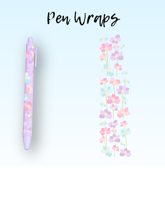 Pastel Pink, Blue, & Purple Flowers Pen Wrap For Ballpoint Pen UV DTF