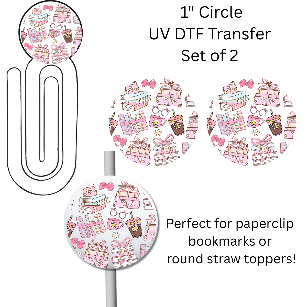 Book Stacks and Iced Coffee 1” UV DTF Transfer For Paperclip Bookmark or Straw Topper SET OF 2