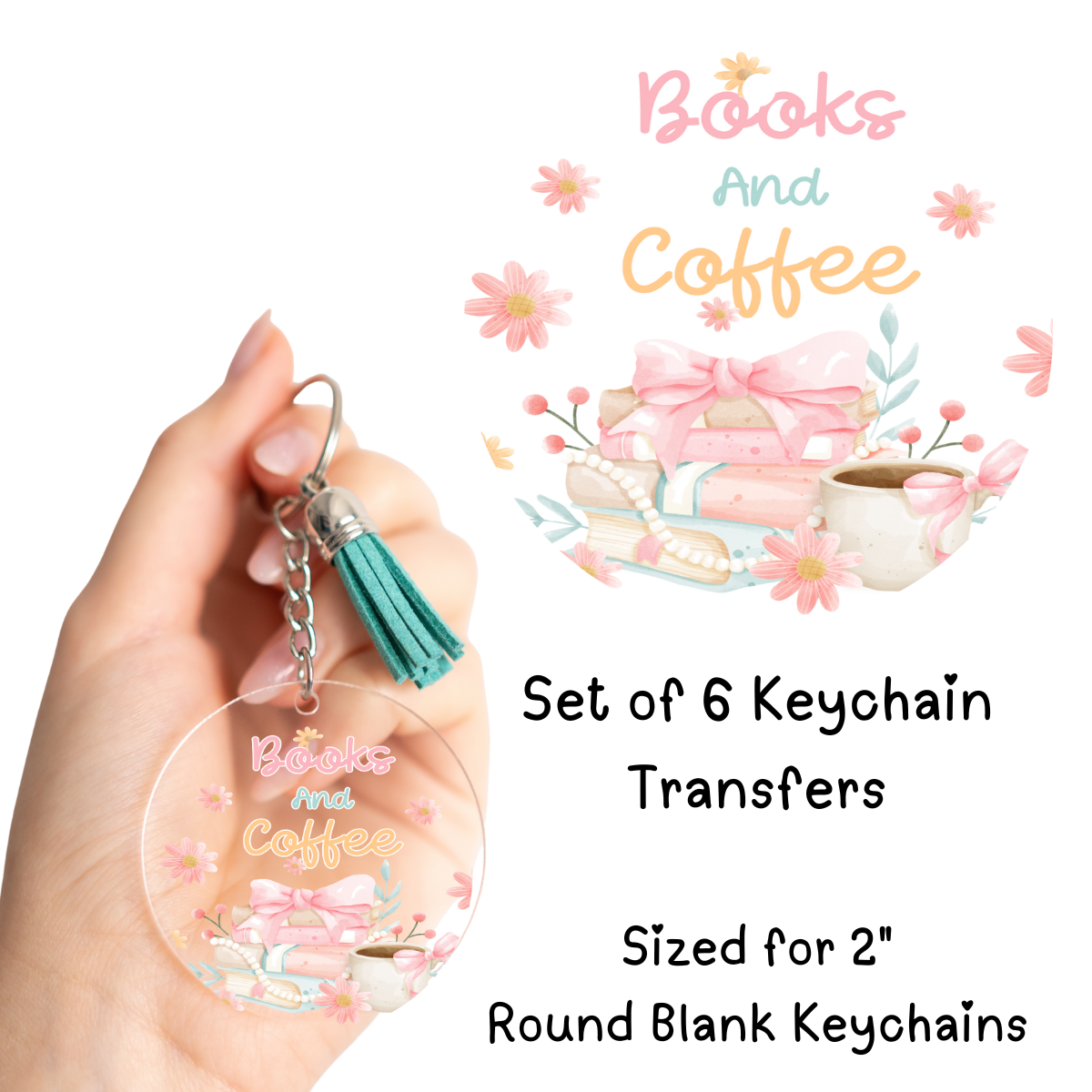 Books and Coffee Round Keychain Transfers