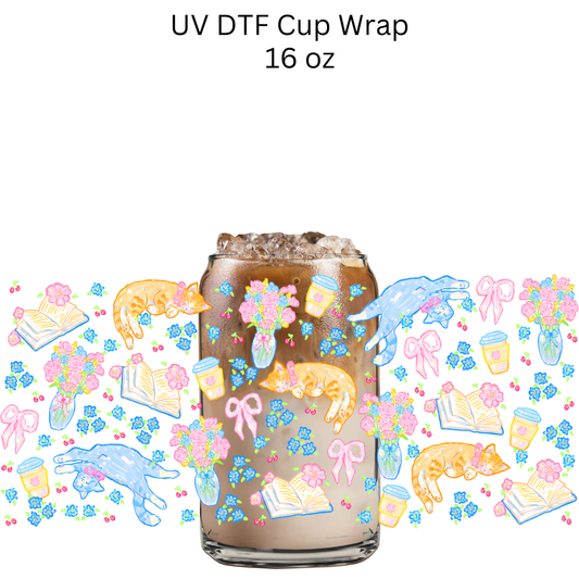 Pastel Books Cats and Flowers UV DTF Cup Wrap