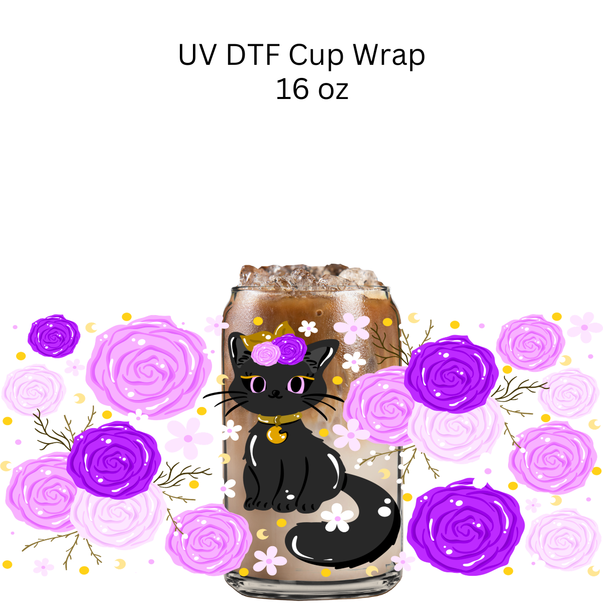 Black cat and Purple Flowers UV DTF Cup Wrap