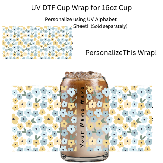Green Blue Flowers PERSONALIZE UV DTF Cup Wrap