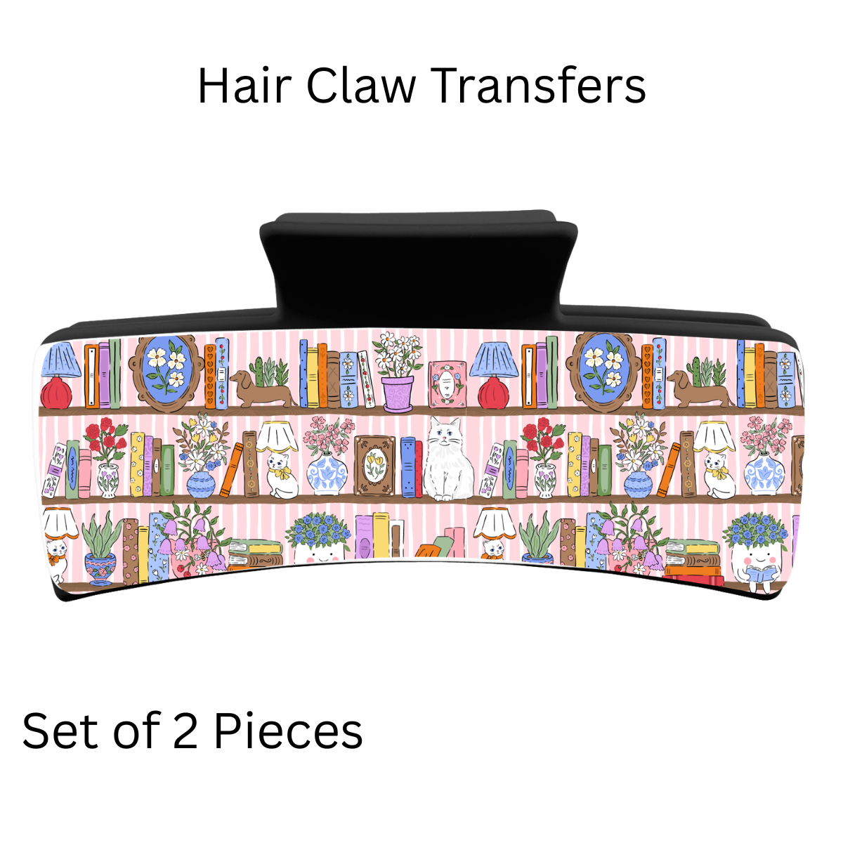 Cats Bookshelf UV DTF Transfer for 4” Claw Clip (Set of 2)