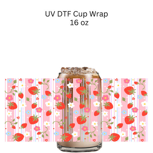 Strawberry White Flowers Pink Stripes UV DTF Cup Wrap