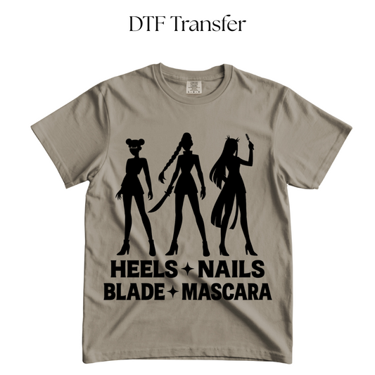 Hunt Heels, Nails, Blade, Mascara Single Color DTF Transfer